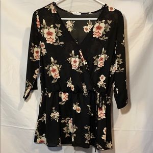 Black Blouse With Pink Flowers Size Large
